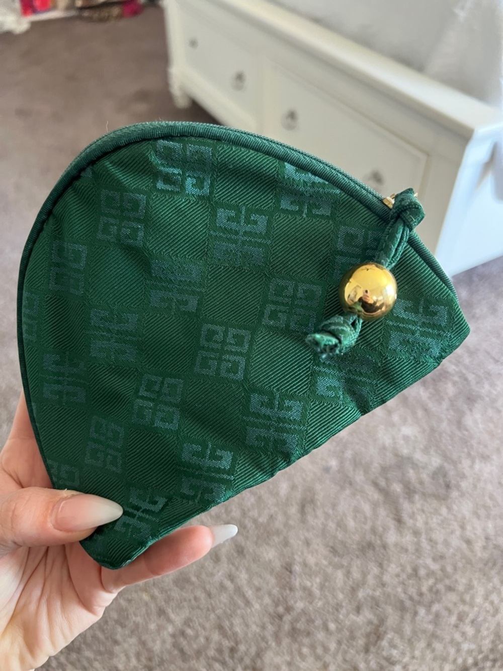 Givenchy Emerald Green Satin Logo Cosmetic Pouch with Gold Bead Accent